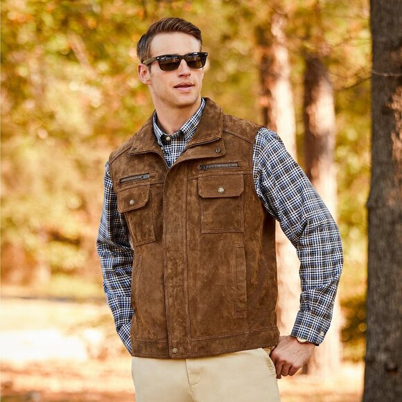 ROUNDTREE & YORKE Men’s Suede Leather Stand Collar VEST Size 4XT Brown NEW $350 - Picture 1 of 8